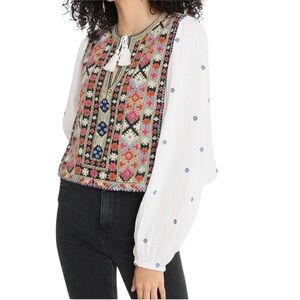 Free People Boho Embroidered Gauze Peasant Blouse w – White/Multi – Size L